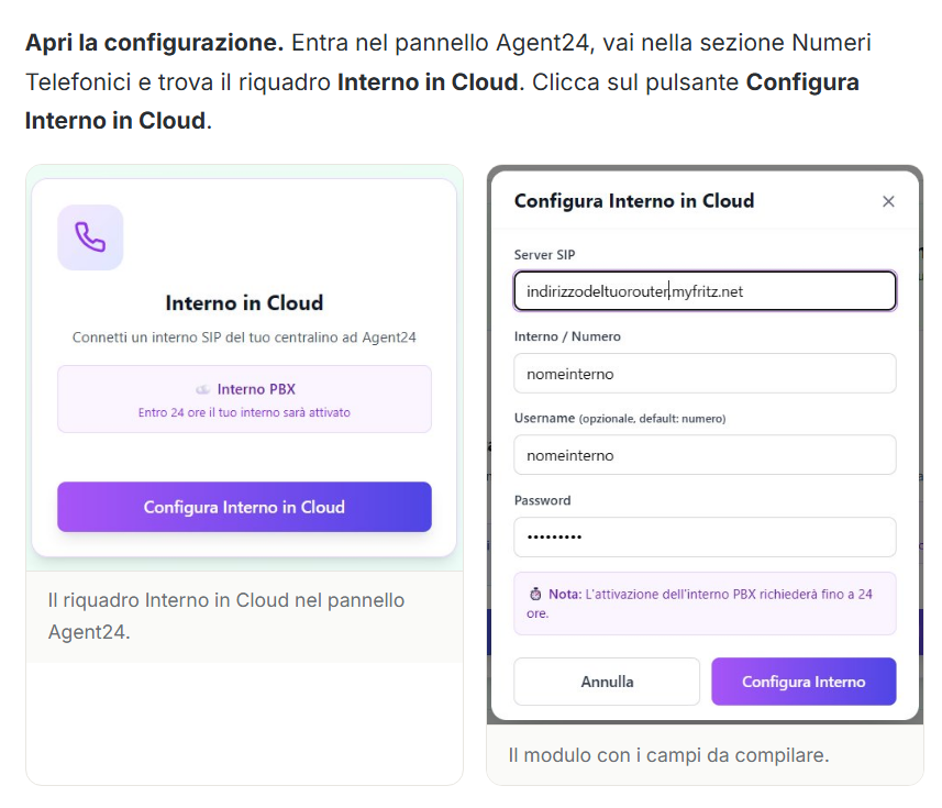Pannello Agent24: riquadro Interno in Cloud e modulo con Server SIP, Interno/Numero, Username e Password