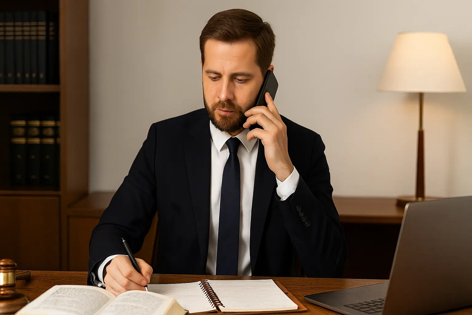 Libero professionista in giacca e cravatta che risponde al telefono mentre prende appunti, assistito da una segreteria AI virtuale