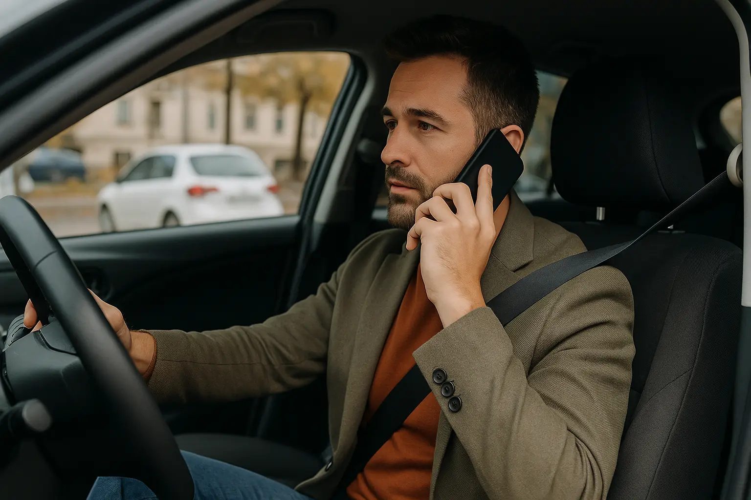 Uomo alla guida dell’auto mentre parla al telefono, simbolo di un professionista impegnato assistito da una segreteria AI virtuale