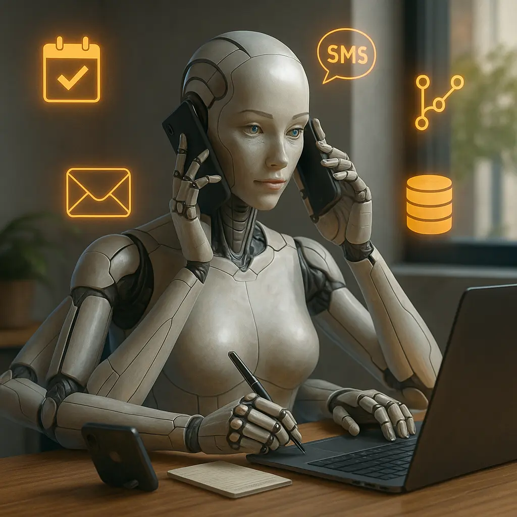 Assistente telefonico AI femminile in stile realistico mentre gestisce più attività aziendali con ologrammi, rappresentando le integrazioni con strumenti come CRM, SMS, calendario ed email.