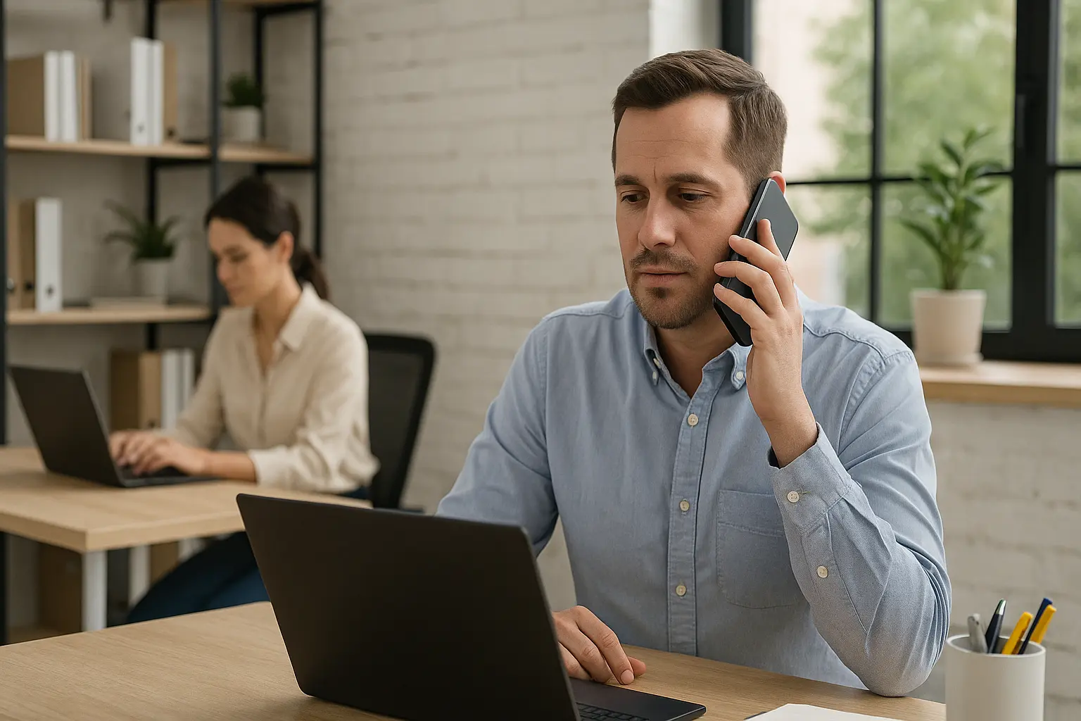 Uomo al telefono mentre lavora al computer in ufficio, affiancato da una collega, supportato da una segreteria AI virtuale
