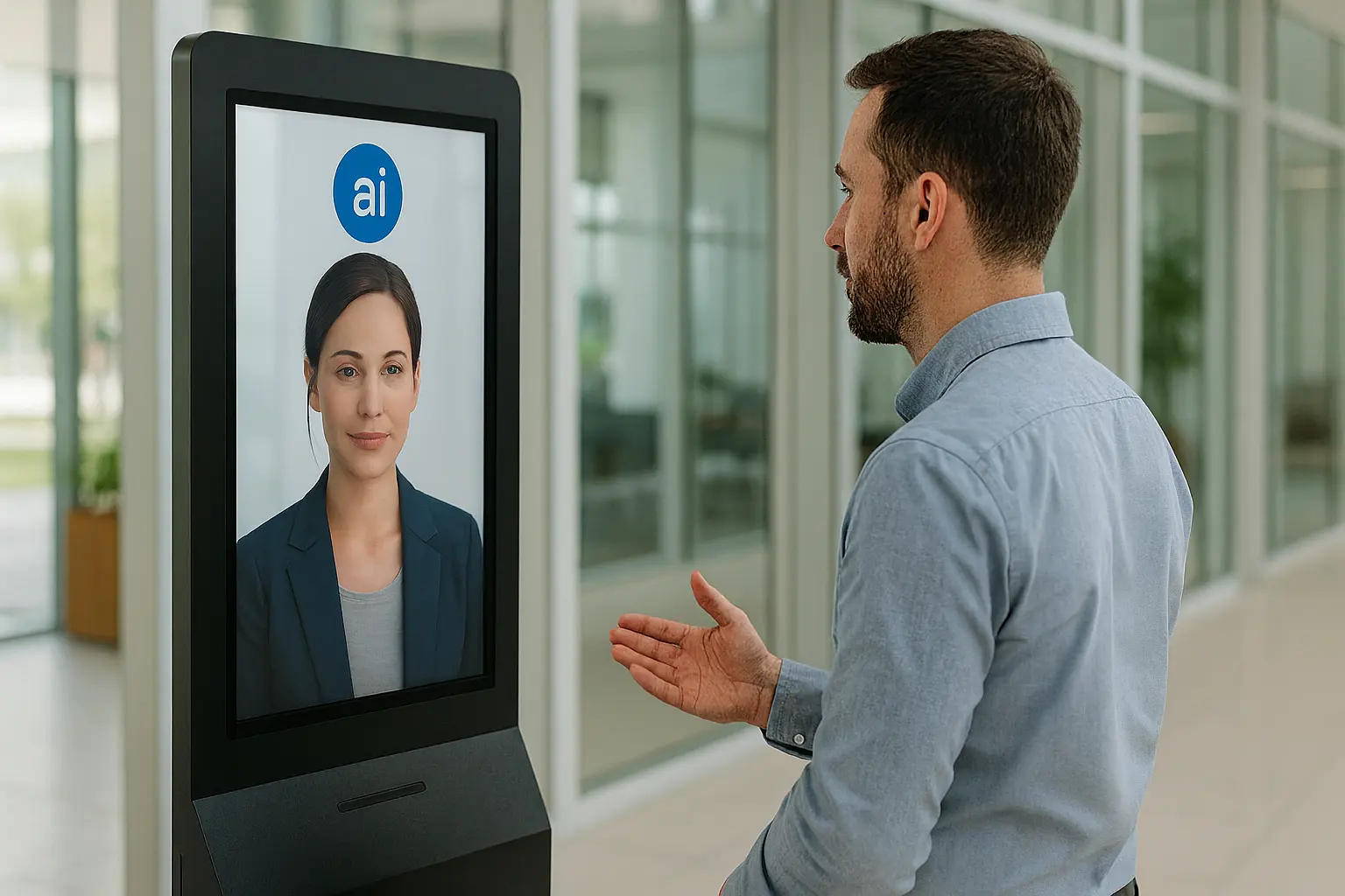 Uomo che interagisce con un avatar AI conversazionale su schermo digitale