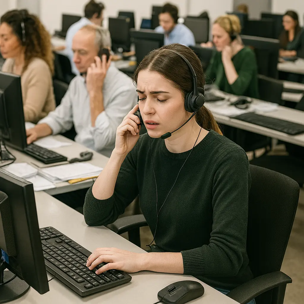 Call center caotico con operatori stressati al telefono, a rappresentare il problema che può risolvere un assistente telefonico AI