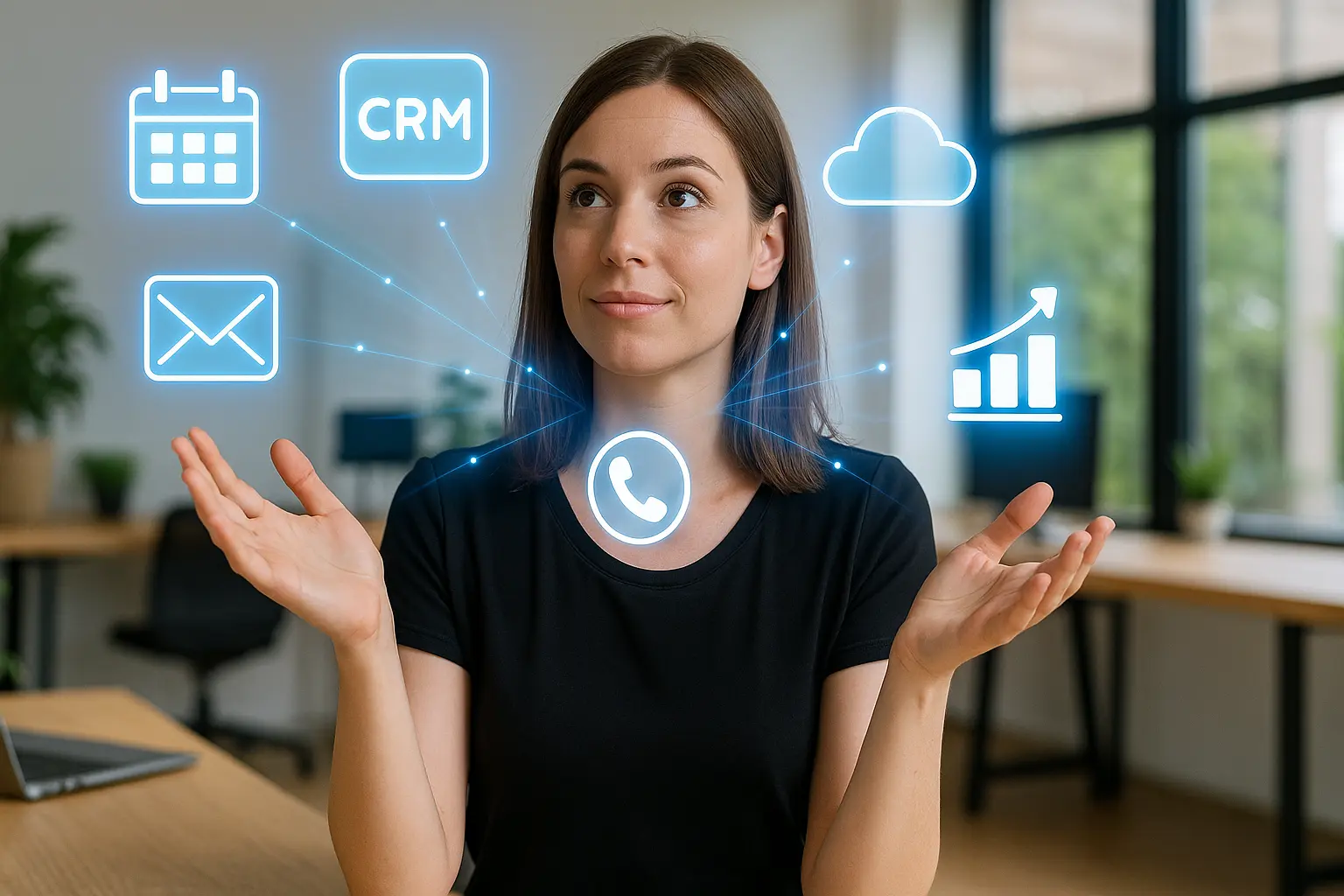 Donna con icone digitali di CRM, email, cloud e grafici, simbolo di integrazioni AI