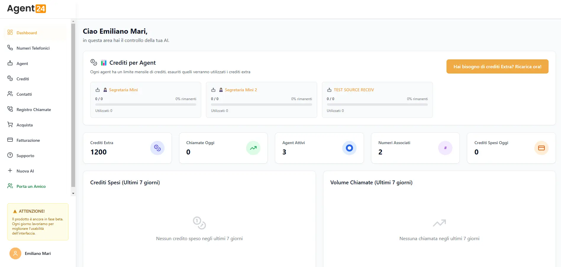 Dashboard della piattaforma AI Agent24 con panoramica crediti, agent attivi e volume chiamate.